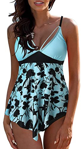 Kobilee Costumi da Bagno Donna Sexy Contenitivo Curvy Costume Piscina Due Pezzi Spiaggia Mare Set Tankini Taglie Forti Push Up Beachwear Vita Alta con Pantaloncino Costume da Bagno Imbottito Bikini