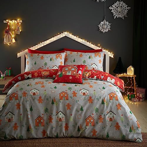 Bedlam - Weihnachtlicher Lebkuchenhaus-Bettbezug – Einzelbettgröße (140 x 200 cm) – wendbar (2 Farben) – 1 x Kissenbezug – Lebkuchenmann-Bettbezug – Weihnachtsbettwäsche – Weihnachtsdekoration