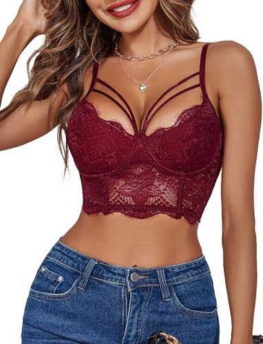 Avidlove damundertröjor, bh-skjortor, sexig crop tops, spets, bustier, magfri, camilos, två lager, spaghettiband, v-ringad, bralette, cami-linne, röd, S