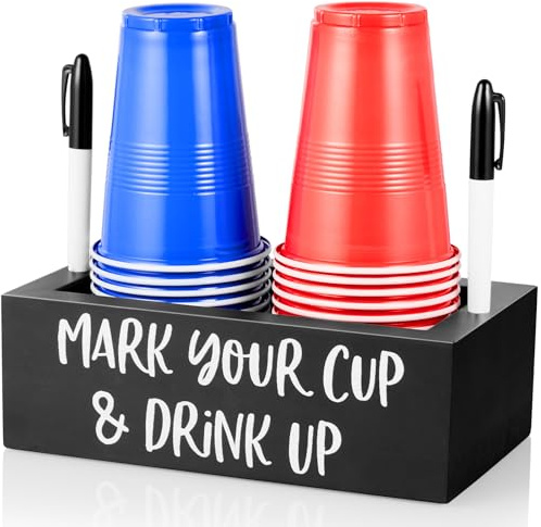 DRASTAR Double Disposable Cup Holder with Marker Slot, Mark Your Cup and Drink Up Caddy, Wood Disposable Cup Holder, Plastic Cup Organizer, Gift for Hosting Essentials, Black