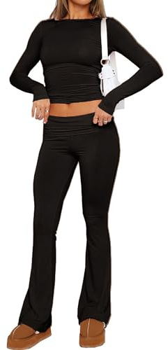 LSFYSZD Women Two Piece Outfits Long Sleeve Crop Top T-shirt + Fold Over Waist Flared Long Pants Sweat Suit Tracksuit Yoga Set (Black, L)