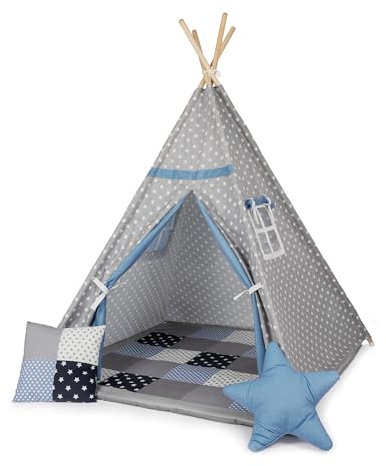 Paco Home Tente pour Enfants Tipi Chambre d'enfant Chambre De Jeu Intérieur Robuste Wigwam Différents Motifs, Couleur:Bleu, Sets:avec Accessoires