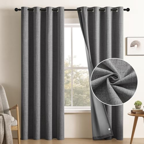 CUCRAF 100% Verdunkelungsvorhänge, 229 cm lang, 2 Paneele, Leinenoptik, wärmeisoliert, Ösenvorhänge, Raumverdunkelungsvorhang für Schlafzimmer, Wohnzimmer, (B 132 x L 228 cm, Grau)