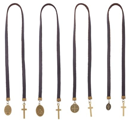 Hobbspring 4 Stück Leder Lesezeichen Mit Medaillon Anhänger 50cm Retro Metall Charme Bibel Lesezeiche Kreuz-Bibel-Lesezeichen mit langen Lederrieme für Buch Liebhaber Lehrer Christliche Geschenke