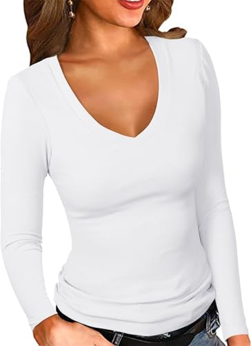 ELFIN Damen Langarmshirt Gerippt Stretch Pullover Sexy V Ausschnitt Langarm Oberteile Slim Fit Basic T-Shirt Tops