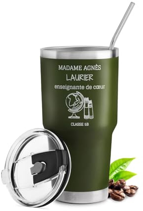 Maverton Mug Isotherme Personnalisable Vert en Acier Inoxydable 800 ml | Mug Personnalisé Maitresse avec 2 Pailles et Brosse, Cadeau Maitresse d'École fin d'année, Cadeau Prof
