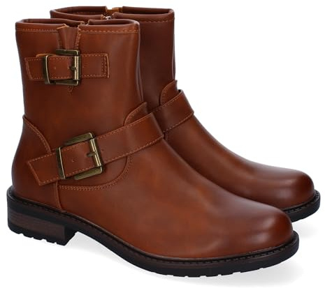 87490 Botines Moteros para Mujer, Comodos y Elegantes, Detalles de Doble Hebilla, Punta Redonda, Cremallera Lateral, Ideales para Otono-Invierno. Camel Talla 39