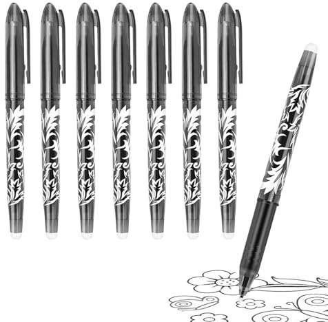8pcs Eraser Pens - Black, 0.7mm Friction Gel Pens with Rubber End for Kids and Adults - Erasable