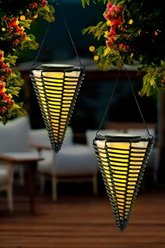 Solar Hängelampen 2er Set LED Außenleuchte in Rattan-Optik mit warmweißem Flackerlicht Solarbetrieben, Solarlampen hängend Wetterfest & kabellos für Garten, Balkon & Terrasse