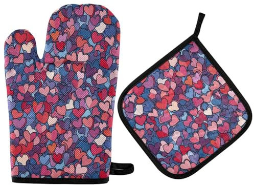 Guanti da forno e presina a forma di cuore per San Valentino, resistenti al calore, 2 pezzi, per cucina e cucina