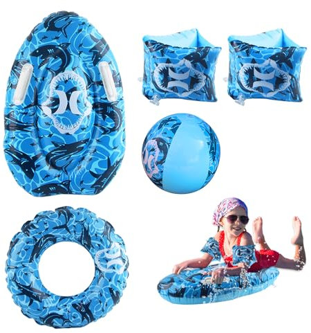 Planche de Natation Enfant, Dwafill 5 Pièces Planche de Surf Gonflable Piscine avec Une Fenêtre, Planche Bodyboard Enfant, Body Board, Bouée, pour 3 à 14 Ans, Toboggans Aquatiques (Requin Bleu)