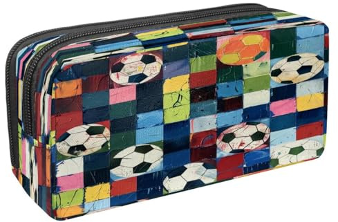 VAPOKF Federmäppchen, Federmäppchen, Schüleretui mit Reißverschluss, für Jungen und Mädchen, Schul- und Bürobedarf, Fußball auf buntem Quadrat kariert, multi, 2.3x8.2x3.9in/6x21x10cm, Federmäppchen