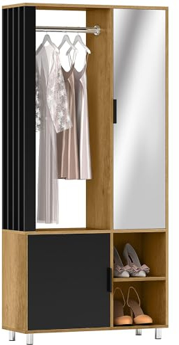 HOMCOM Armadio guardaroba moderno con specchio, vani a giorno, armadio e appendiabiti, 80 x 30 x 170 cm, legno naturale