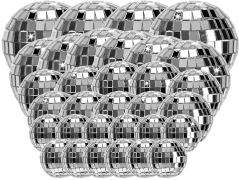 32 Pcs Disco Ball Decorations, Silver Glitter Mirror Balls Party Decor | Disco Ball Cake Decorations, Dessert Toppers, Wedding Birthday Party, Cake Decor Supplies, Glitter Mirror Balls Set
