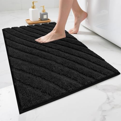 SHACOS Badezimmerteppich Badematte rutschfest Waschbar Mikrofaser Badteppich Weich Badvorleger Wasserabsorbierend Badezimmermatte Bad Teppich für Badezimmer, Badewanne, Schwarz, 50 x 80 cm