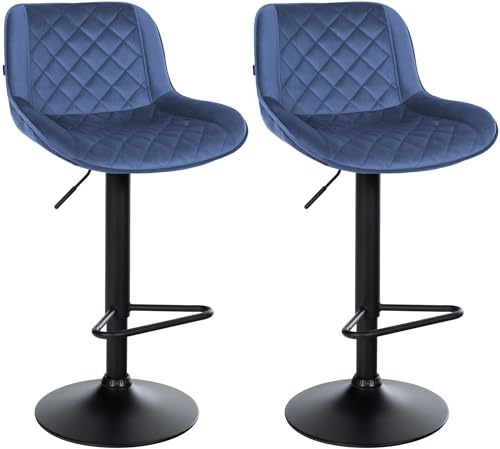 CLP Barhocker 2er Set, Barstuhl Kasson höhenverstellbar und drehbar mit Rückenlehne, modern mit Fußablage und gepolsterter Sitz | Farbe blau Material Samt