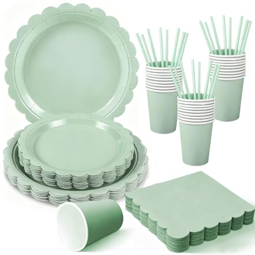 125 Pezzi Piatti e Bicchieri per Feste, Set di Stoviglie per 25 Persona, Piatti di Carta Bicchieri Carta e Cannuccia per Feste di Compleanno (Verde)