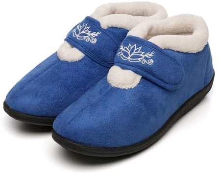 Moelund Ladies Adjustable Slippers with Plush Fleece Lining – Easy Access House Shoes with Hook & Loop Strap & Non-Slip Sole – BLUE UK-6