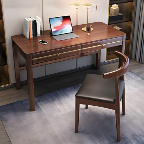 Escritorio moderno de madera de nogal con 2 cajones, mesa minimalista para oficina en casa para espacios pequeños, elegante escritorio de trabajo y estudio (47 pulgadas)