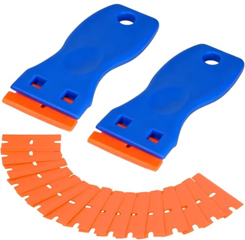 leruiyezs 2set Espatula Plastico Mini Raspador con 100 Cuchillas Reemplazables para Quitar Etiquetas Pegatinas Pegamento y Residuos de Vinilo Limpieza de Placa Inducción y Vitrocerámica Azul