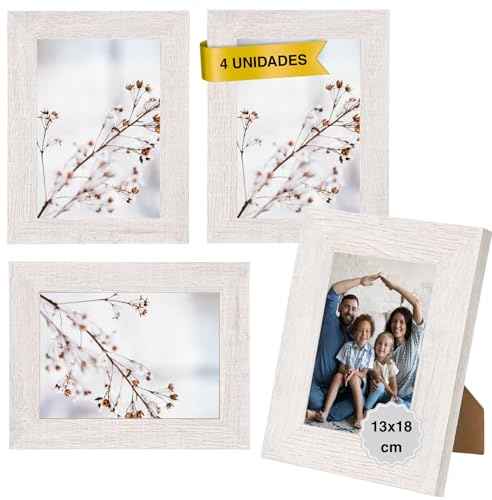 MARCOFOTO Marco de Fotos para Pared - Set de 4 Portafotos MDF con Cristal, uso vertical u horizontal - Decoración hogar u oficina, diplomas - Color Blanco Rústico 13x18 cm