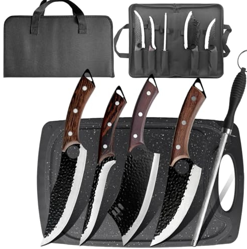 COOSNUG 6 set professionelles Metzger Messer Set mit Tasche, Schneidbrett, Schleiferstange Hand geschmiedet Wikinger Küchenmesser Set, Knochenmesser Set für Fleisch Beschneiden