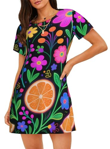 Zelinge Orange och neonväxter nattklänningar för kvinnor sova t-shirt nattskjorta kortärmad nattlinne lös myskläder X-Large