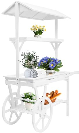 YIPONYT Wooden Flower Cart Display Stand with Wheels, 3-Tier Vintage Rolling Cart for Candy Dessert Market Booth, Party Display, Coffee Bar & Event Decor, Freestanding White Wood Cart