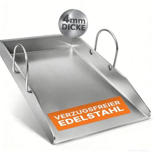Heimlyn Edelstahl Plancha Massive Grillplatte 40x30cm, 4mm dicke Plancha Grillplatte für Gasgrill & Kohlegrill | 100% Edelstahl Plancha mit Griff, Ölablassöffnung Edelstahlplatte