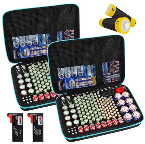 Battery Storage Boxes, Battery Organizer Storage Box with Tester, Battery Vault Case Fireproof Waterproof Explosionproof Holder Box with Tester Checker Carrying Case Container Bag Fit(2pcs)