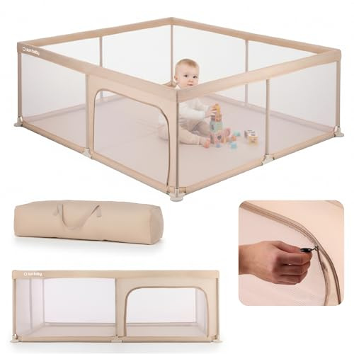 sun baby Lekhage 150x200 cm 0-2 år Beige, polyester, nätväggar, ingång med dragkedja, halkfria fötter, förvaringsväska, metallram