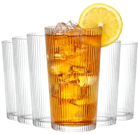 Riville Drinkwar Lot de 6 verres nervurés en verre vintage de 390 ml pour café glacé et cocktail, verres transparents pour eau, jus, whisky, bière