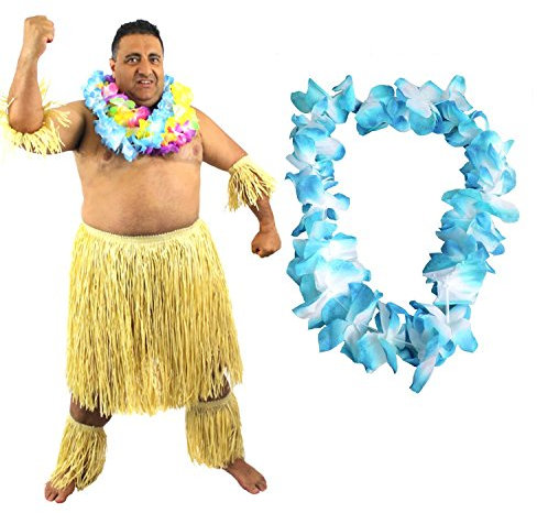 I LOVE FANCY DRESS HAWAIIANER SÜDSEE ZULU KÄMPFER KOSTÜM VERKLEIDUNG=6 TEILIG=1 BLAUE LEI/BLUMENKETTE+2 BEIN STULPEN+2 ARM STULPEN+BASTROCK= HÜFTUMFANG UNGEFÄR -81-142cm+LÄNGE UNGEFÄHR - 58cm