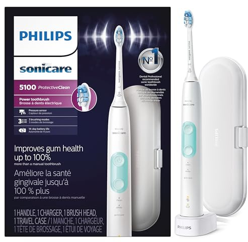 Philips Sonicare ProtectiveClean 5100 Rechargeable Electric Toothbrush, with Pressure Sensor, 3 Cleaning Modes, SmarTimer and QuadPacer, 14-Day Battery Life, Travel Case, White, Model HX6857/11