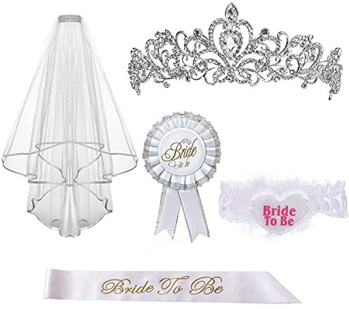 Alledomain Bride to be Decoration Set for Hen Night Party/Bachelorette Party, Set of 5 Includes Rhinestone Tiara, Bridal Wedding Veil, Bride To Be Sash, Rosette Badge and Garter