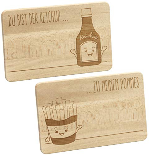LAUBLUST Frühstücksbrettchen 2er Set Pommes und Ketchup - Vorgraviert | 24x15x1cm, Natur, FSC® - Frühstücksbrett | Dekotafel | Geschenk-Brett