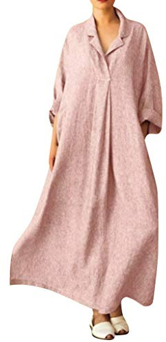 Lazzboy Robe Femme Maxi Coton Et Lin Casual en Vrac Revers Manches Longues Couleur Unie Grande Taille Jupe TrapèZe（38-52）