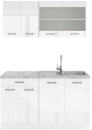 Vicco Cucina monoblocco R-Line, Bianco lucido, 140 cm | 4 Moduli · Piedini regolabili in altezza · Piano di lavoro incl. · Ante robuste · Con mobile vetrina