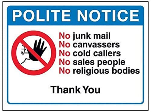 V Safety Polite Notice: No Junk Mail Sign - 150mm x 100mm - Self Adhesive Vinyl
