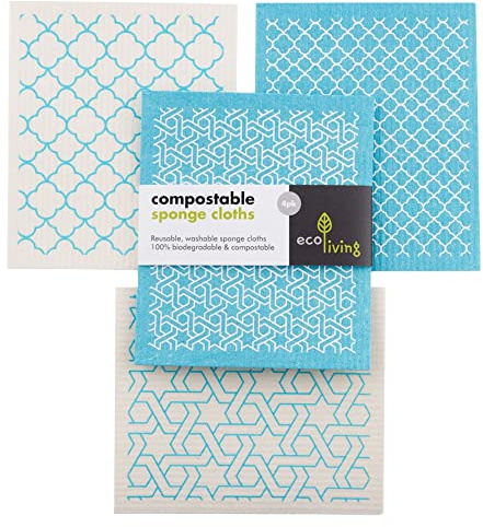 EcoLiving Compostable Sponge Cleaning Cloths - Dishcloth - Eco Friendly & Sustainable Biodegradable Cellulose Sponge Cloths - Kitchen Cleaning Cloth (Moroccan)