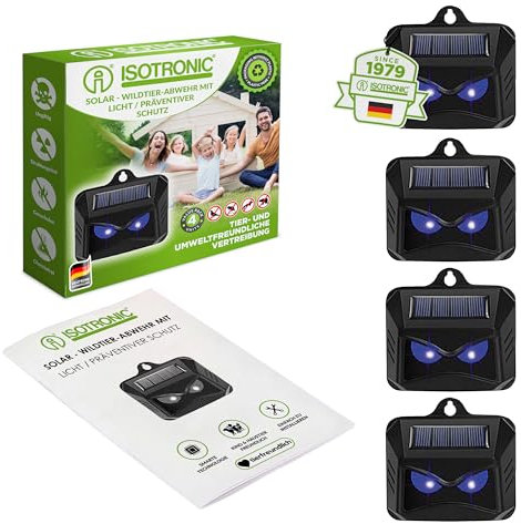 ISOTRONIC Solar Tiervertreiber mit Blaulicht | gegen Wildtiere wie Waschbären, Rehe, Füchse, Wildschweine u.v.m. - 4X effektive Tierabwehr mit blauem LED-Licht