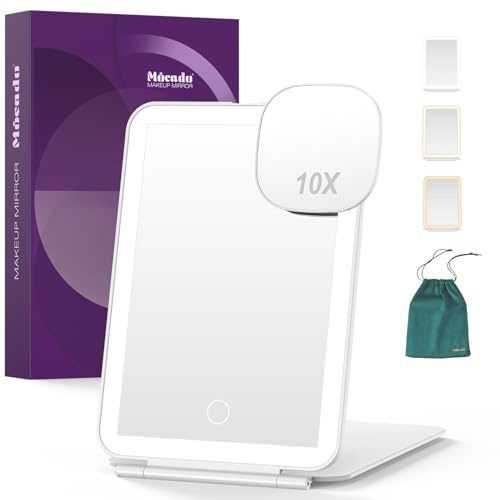 Mocado LED Foldable Travel Makeup Mirror - 5x7 inches 3 Colors Light Modes USB Rechargeable Touch Screen, Portable Tabletop Cosmetic Mirror for Travel, Cosmetic, Office (White)