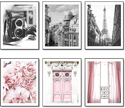 HoozGee Vintage Fashion Paris Wall Art Prints Black and White Canvas Poster Eiffel Tower Pink Flower Doors Windows Pictures Photos Wall Decor for Office Bedroom Living Room (11x14 UNFRAMED)