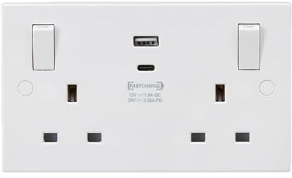 Knightsbridge Square Edge White 13A Double Switched Socket with Outboard Rockers and Dual USB (A+C) QC18W/ USB-PD 45W (SN9003)