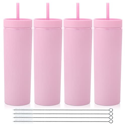 Volhoply 600ml Vasos de Plástico 4 Pack,20 oz Vaso de Doble Pared con Tapa y Pajita,Taza de Café Helado de Viaje Reutilizable,Tumbler de Agua de Acrílico Mate Sin BPA para Fiestas,Regalos (Rosa,4 Set)