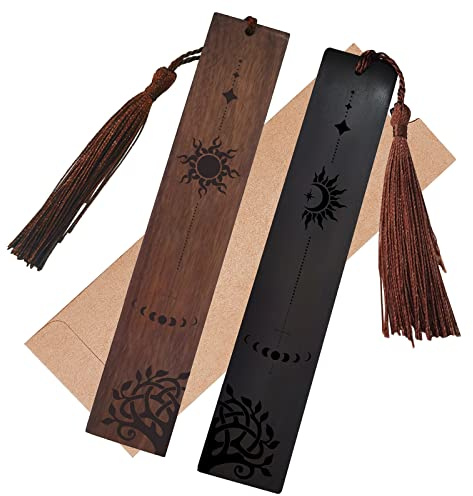 CRASPIRE Lesezeichen Aus Holz, 2 Farben, Sonne Und Mond, Graviert, Lesezeichen, Geschenke, Baum Des Lebens, Lesezeichen Mit Quastenanhänger Für Buchliebhaber, Lehrer, Schüler