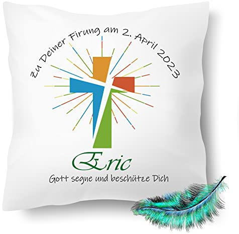 Print Deluxe Firmung Geschenk, Personalisierbares Kissen bedrucktes für Jungen und Mädchen, mit Namen, Datum,Gott segne| Dekokissen,| Kuschelkissen 40X40 (mit Kissenfüllung)