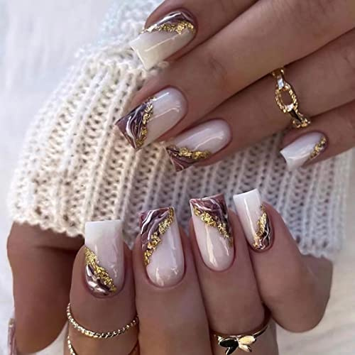 JUSTUSNX Künstliche Nägel, quadratisch, Weiß, Violett, Goldfolie, kurze französische Nägel, zum Aufdrücken auf Nägel für Frauen und Mädchen, 24 Stück