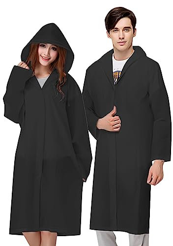 Vicloon Vattentäta regnrockar, 2-pack återanvändbar vattentät regnponcho med huva och ärmar, unisex lätt EVA vattentät poncho för resor, vandring och utomhus, svart, one size