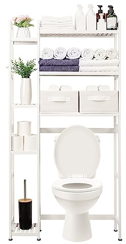 Yorbay Scaffale WC Bambù Bagno: 3 Ripiani Regolabili, 2 Cestini (Bianco) | Piedini Impermeabili Multifunzionale Salvaspazio - Facile da Montare per il Bagno